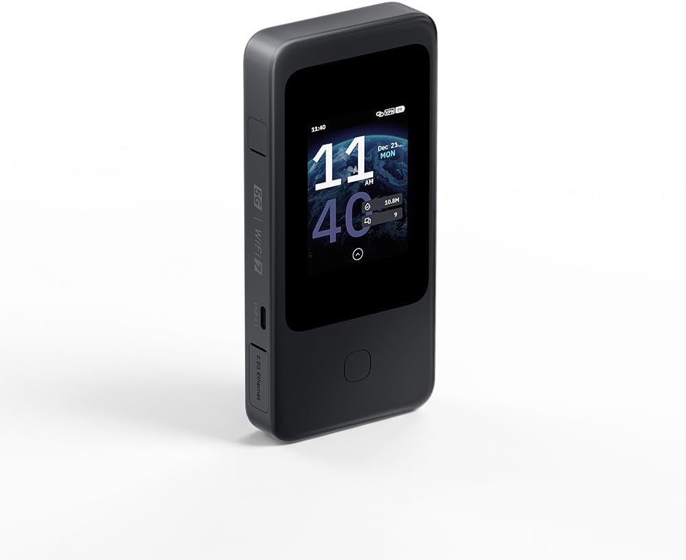 GL.iNet GL-E5800 NA MUDI 7 5G Tri-Band Wi-Fi 7 Travel Router with eSIM | Tri-band Wi-Fi 7 with 5G, eSIM plus dual nano-SIM, 2.5G Ethernet, 2.8 inch touchscreen, 13.5h battery, 700 Mbps VPN