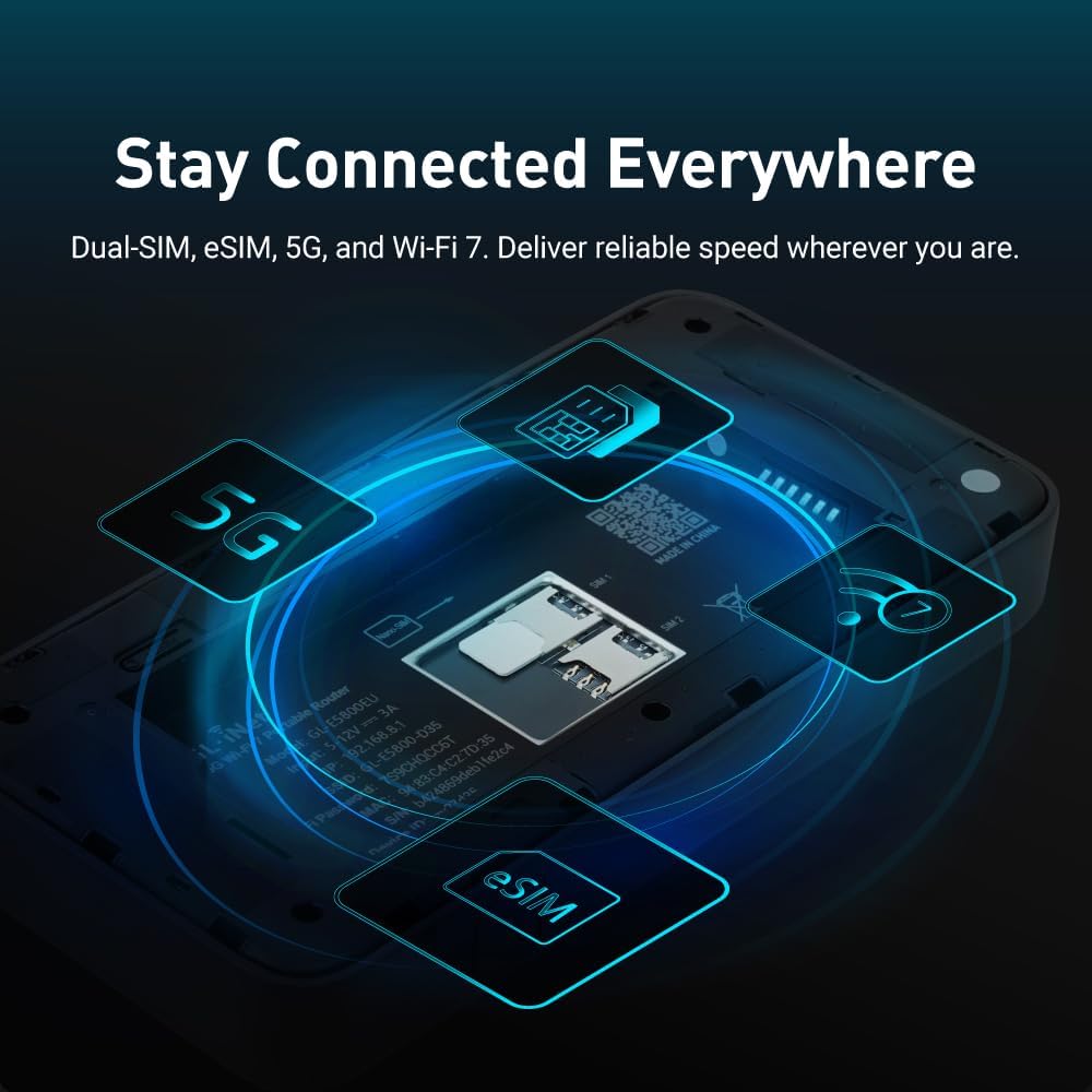 GL.iNet GL-E5800 NA MUDI 7 5G Tri-Band Wi-Fi 7 Travel Router with eSIM | Tri-band Wi-Fi 7 with 5G, eSIM plus dual nano-SIM, 2.5G Ethernet, 2.8 inch touchscreen, 13.5h battery, 700 Mbps VPN - Image 4