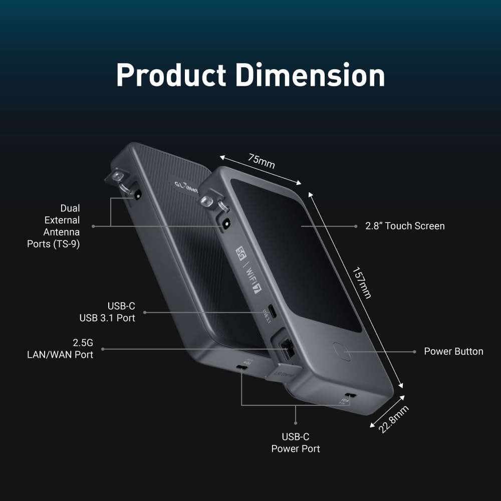GL.iNet GL-E5800 NA MUDI 7 5G Tri-Band Wi-Fi 7 Travel Router with eSIM | Tri-band Wi-Fi 7 with 5G, eSIM plus dual nano-SIM, 2.5G Ethernet, 2.8 inch touchscreen, 13.5h battery, 700 Mbps VPN - Image 7