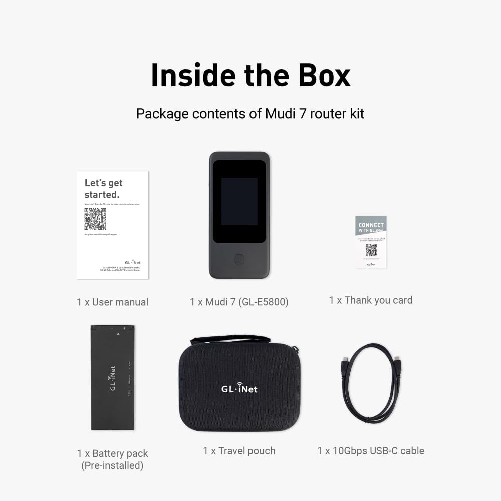 GL.iNet GL-E5800 NA MUDI 7 5G Tri-Band Wi-Fi 7 Travel Router with eSIM | Tri-band Wi-Fi 7 with 5G, eSIM plus dual nano-SIM, 2.5G Ethernet, 2.8 inch touchscreen, 13.5h battery, 700 Mbps VPN - Image 9